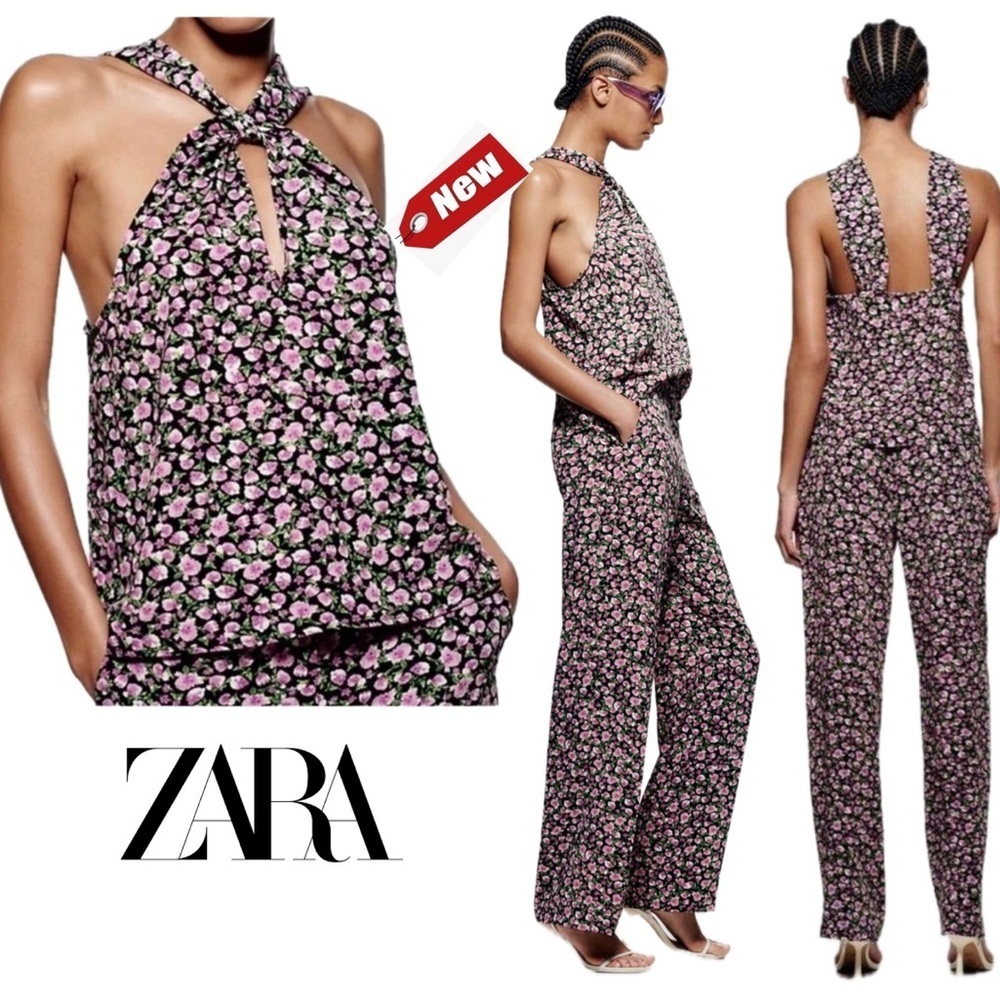 Zara purple green floral flower halter top peephole blouse top NWT